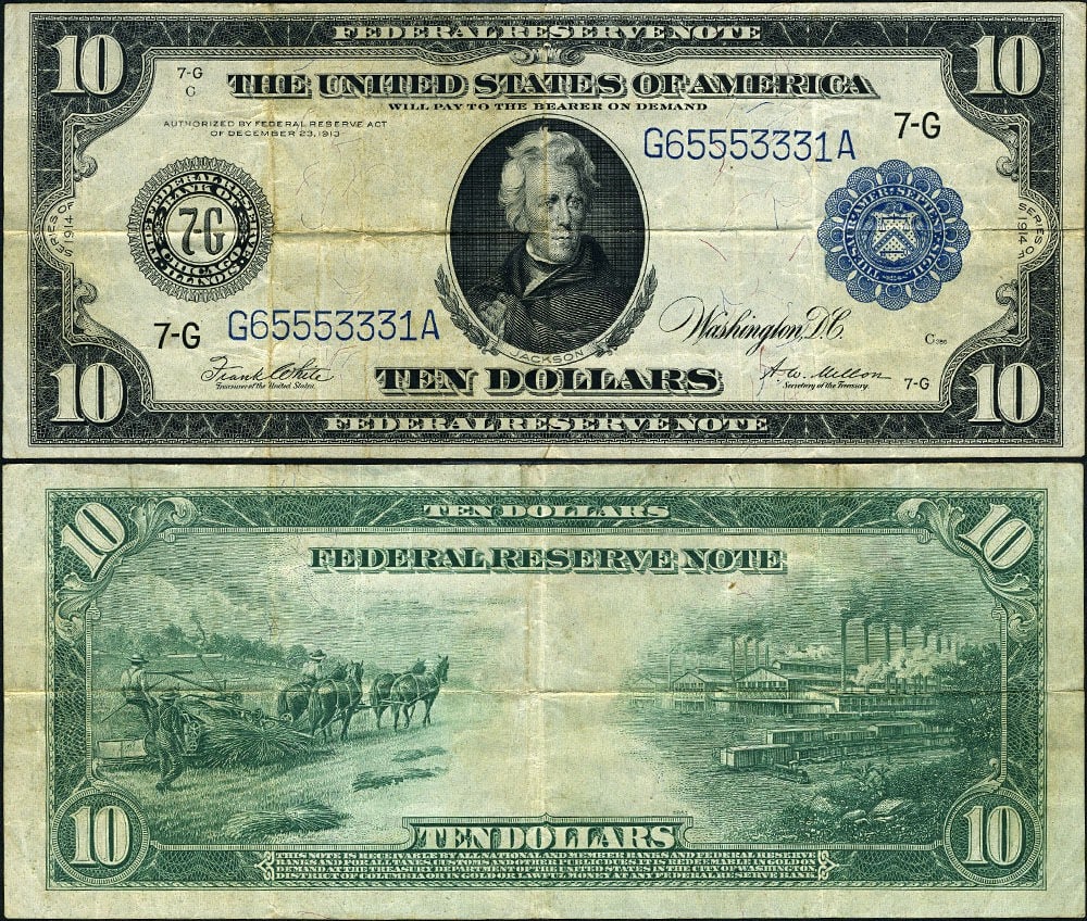 $10 1914 Federal Reserve Note VF+ with Unique Serial G65553331A: $10 1914 Federal Reserve Note VF+ with Unique Serial G65553331A This $10 1914 Federal Reserve Note (FR. 931 A) is a remarkable piece of currency history, graded as Very Fine Plus (VF+). It features or