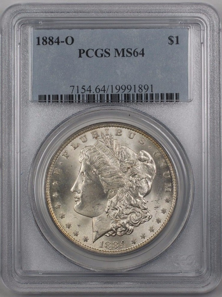 1884-O Morgan Silver Dollar PCGS MS-64 Uncirculated Coin: 1884-O Morgan Silver Dollar PCGS MS-64 Uncirculated Coin This 1884-O US Morgan Silver Dollar coin is graded MS-64 by PCGS, certifying its exceptional quality. Struck in New Orleans, this uncirculated 