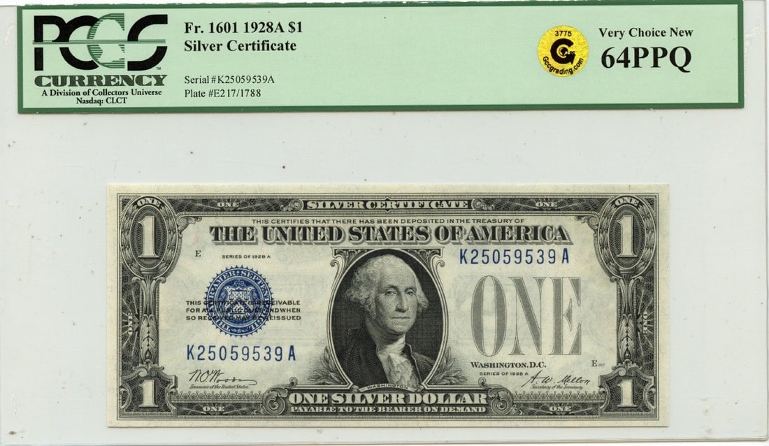 1928A $1 Silver Certificate Fr#1601 PCGS CU64 PPQ Uncirculated: 1928A $1 Silver Certificate Fr#1601 PCGS CU64 PPQ Uncirculated This 1928A $1 Silver Certificate, designated as Fr#1601, is an outstanding collectible item. Certified by PCGS Currency with a certificat