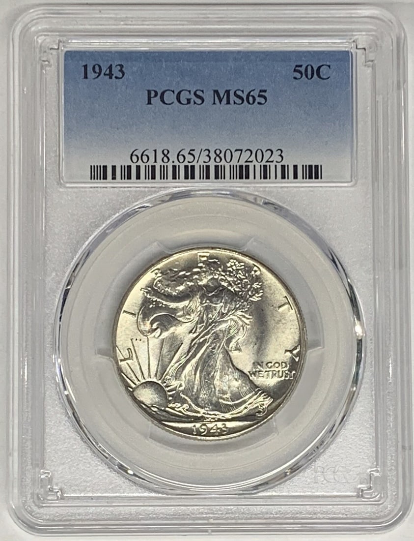 1943 Walking Liberty Half Dollar 50c PCGS MS 65 Uncirculated: 1943 Walking Liberty Half Dollar 50c PCGS MS 65 Uncirculated This stunning 1943 Walking Liberty Half Dollar is a remarkable piece of numismatic history. Graded MS 65 by PCGS, this uncirculated coin sh