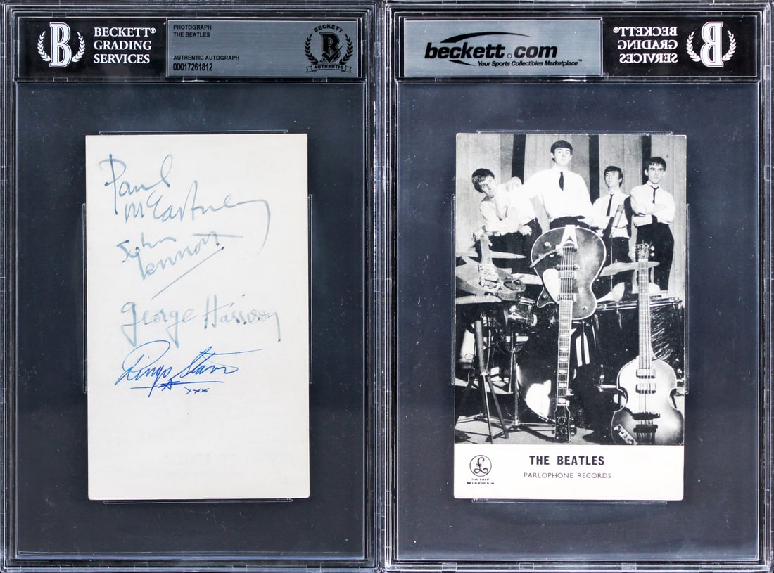 The Beatles Signed 3.5x5.75 Photo with Beckett COA: The Beatles Signed 3.5x5.75 Photo with Beckett COA This authentic 3.5x5.75 photo features the legendary members of The Beatles--John Lennon, Paul McCartney, George Harrison, and Ringo Starr--each pers