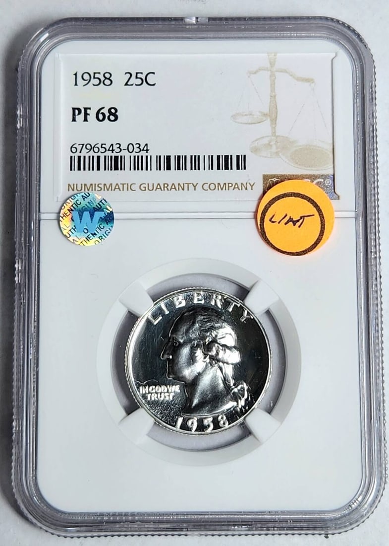 1958 P Washington Quarter NGC PF 68 Lint Error Proof Silver: 1958 P Washington Quarter NGC PF 68 Lint Error Proof Silver This 1958 P Washington Quarter is certified by NGC with a remarkable grade of PF 68, showcasing its pristine uncirculated condition. This co