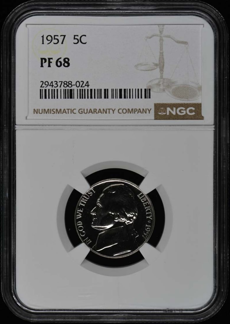 1957 Jefferson Nickel NGC PR68 Proof Uncirculated: 1957 Jefferson Nickel NGC PR68 Proof Uncirculated This 1957 Jefferson Nickel is certified by NGC with a grade of PR68, indicating it is in uncirculated condition. It features a proof strike and was mi
