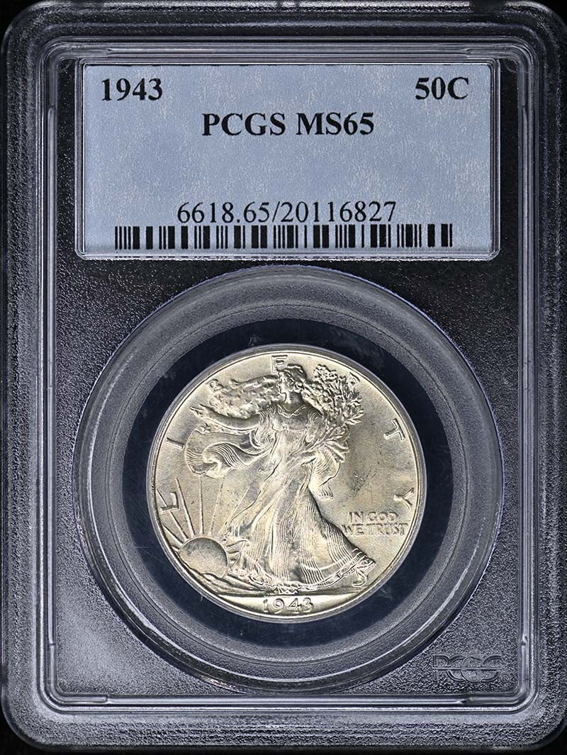 1943 Walking Liberty Half Dollar PCGS MS65 Uncirculated: 1943 Walking Liberty Half Dollar PCGS MS65 Uncirculated This 1943 Walking Liberty Half Dollar is certified by PCGS with a grade of MS65, indicating it is in uncirculated condition. Struck at the Phila
