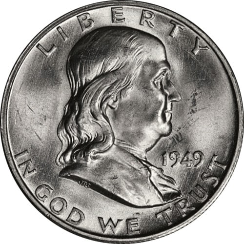 1949-D Franklin Half Dollar Choice Brilliant Uncirculated Silver Coin: 1949-D Franklin Half Dollar Choice Brilliant Uncirculated Silver Coin This 1949-D Franklin Half Dollar is an original piece in Choice Brilliant Uncirculated (BU) condition, showcasing excellent luster