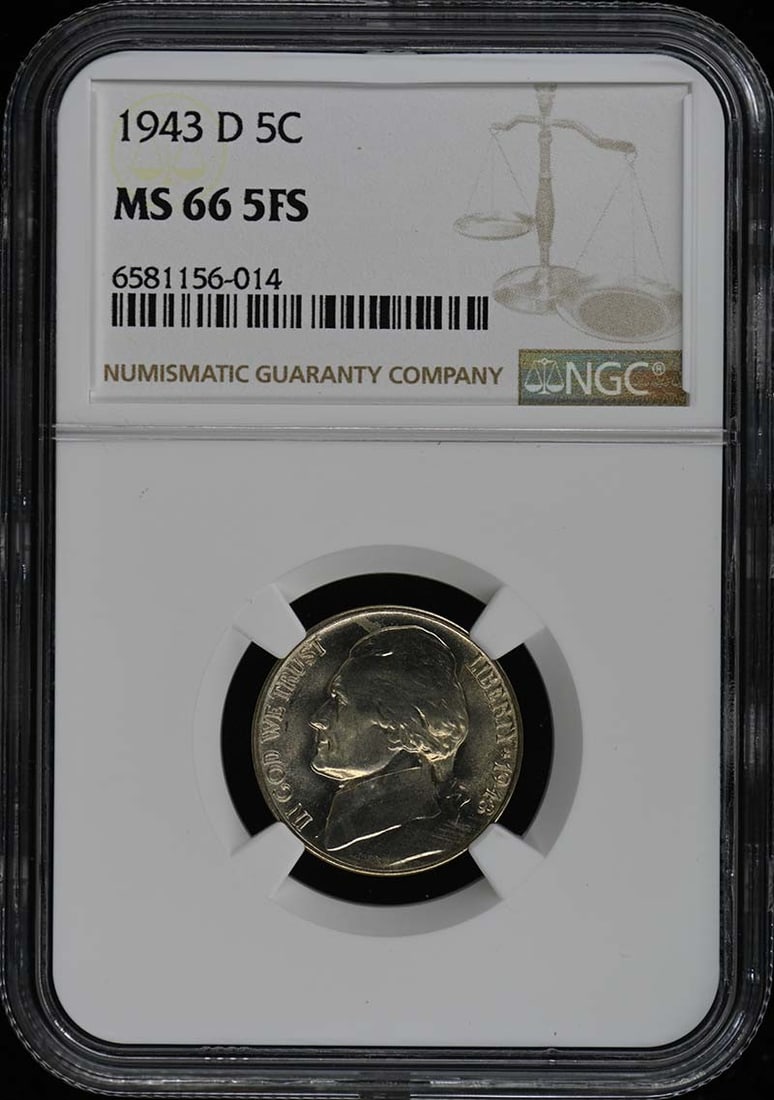 1943-D Jefferson Nickel NGC MS66 Full Steps: 1943-D Jefferson Nickel NGC MS66 Full Steps This 1943-D Jefferson Nickel is a stunning representation of American numismatic history. Graded MS66 by NGC, this uncirculated coin showcases remarkable de