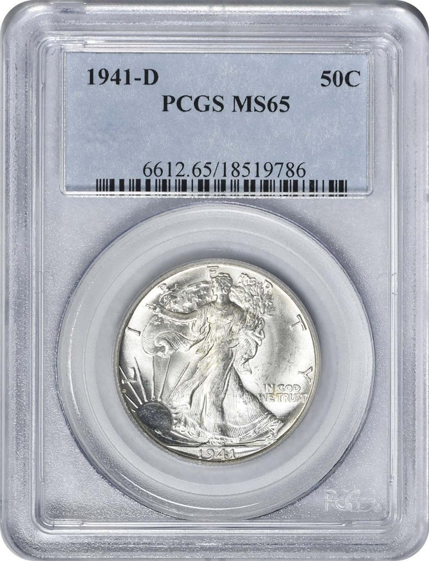 1941-D/D Walking Liberty Silver Half Dollar MS65 PCGS Uncirculated: 1941-D/D Walking Liberty Silver Half Dollar MS65 PCGS Uncirculated This 1941-D/D Walking Liberty Silver Half Dollar is a remarkable example of American coinage, certified by PCGS with a grade of MS65.