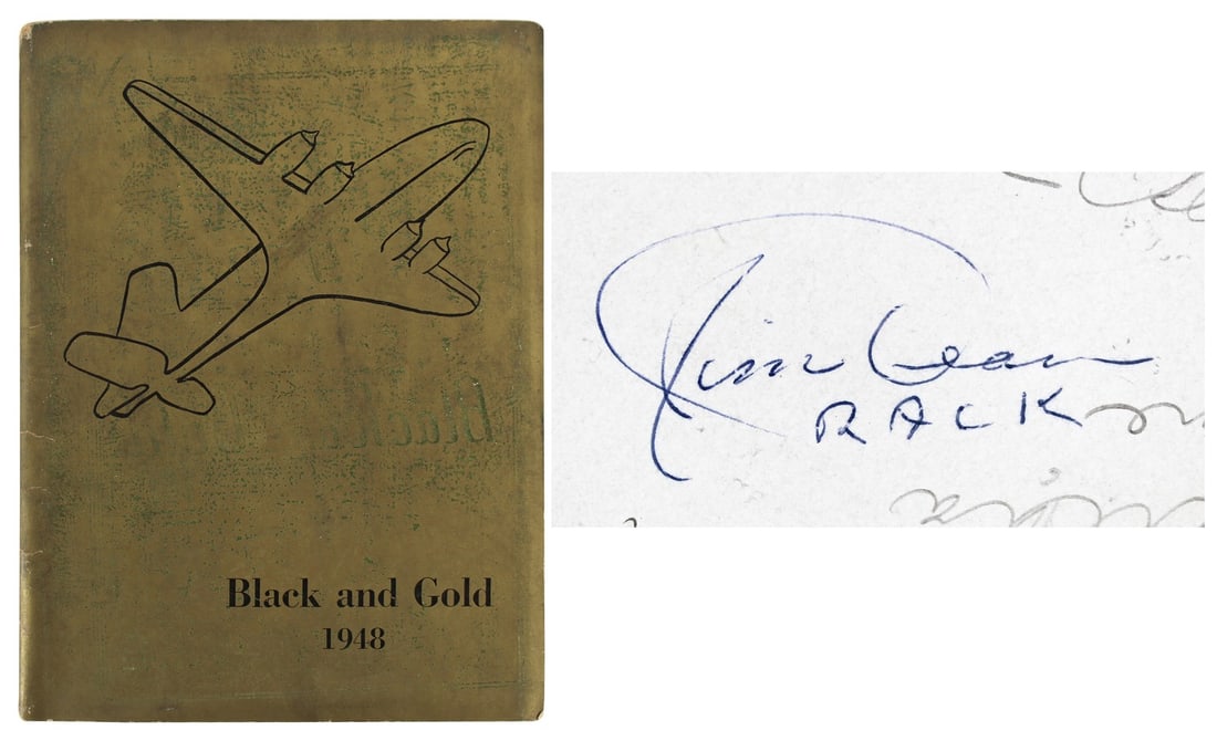 James Dean Signed 1948 Yearbook with Rack Inscription BAS COA: James Dean Signed 1948 Yearbook with Rack Inscription BAS COA This authentic 1948 "Black And Gold" yearbook, measuring 8.25" x 10.75", is a remarkable piece of Hollywood history featuring the autograp