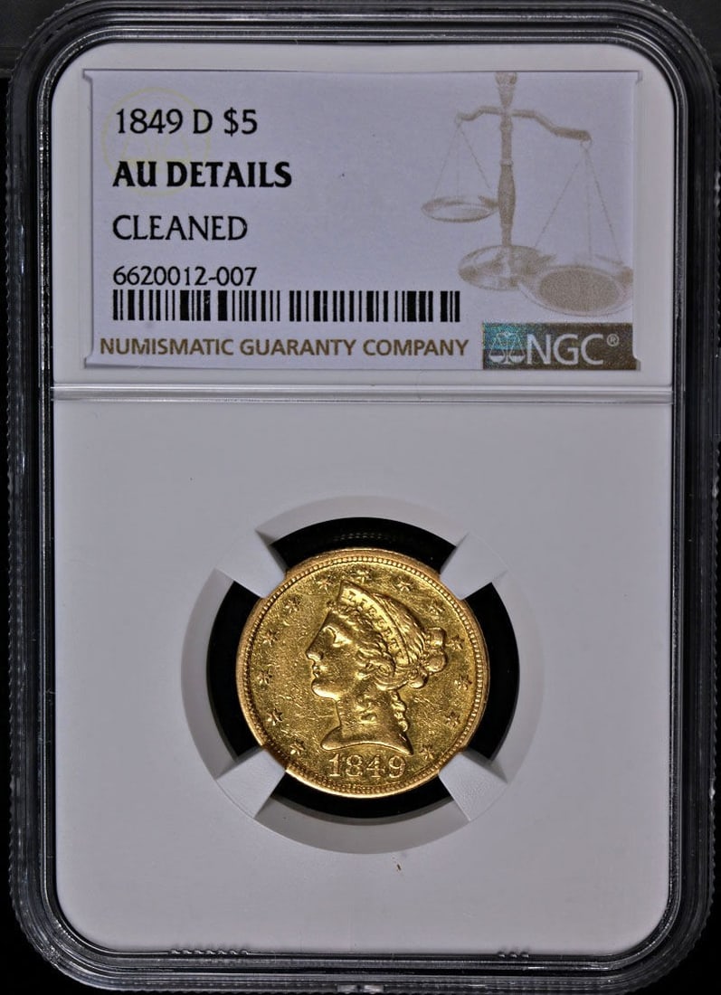 1849-D Liberty Gold $5 NGC AU Details Key Date with Nice Eye Appeal: 1849-D Liberty Gold $5 NGC AU Details Key Date with Nice Eye Appeal This 1849-D Liberty Gold $5 coin is a certified NGC AU Details specimen, showcasing excellent eye appeal with vibrant luster and a s