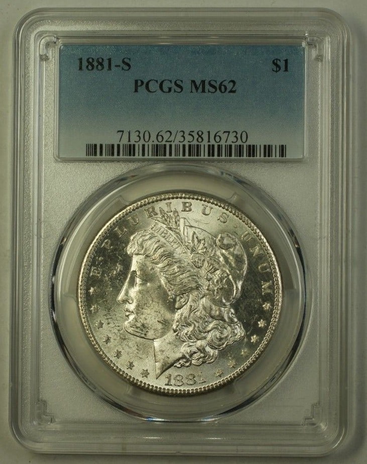 1881-S Morgan Silver Dollar $1 Coin PCGS MS62 San Francisco: 1881-S Morgan Silver Dollar $1 Coin PCGS MS62 San Francisco This 1881-S US Morgan Silver Dollar is a stunning representation of American coinage. Graded MS-62 by PCGS, this uncirculated coin showcases