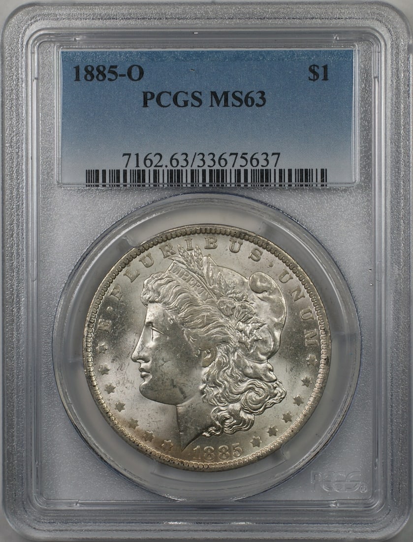1885-O Morgan Silver Dollar Coin PCGS MS-63 Uncirculated: 1885-O Morgan Silver Dollar Coin PCGS MS-63 Uncirculated This 1885-O Morgan Silver Dollar is a stunning representation of American coinage, certified by PCGS with a grade of MS-63. Minted in New Orlea