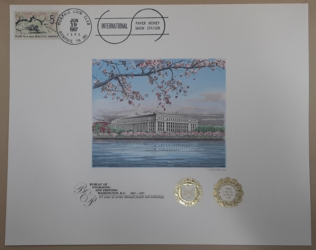 BEP 125th Anniversary Souvenir Card Cherry Blossoms 1987: BEP 125th Anniversary Souvenir Card Cherry Blossoms 1987 This BEP 125th Souvenir Card features the 1987 IPMS Cancelled Cherry Blossoms design. Issued between 1981 and 1990, it showcases a vibrant mult