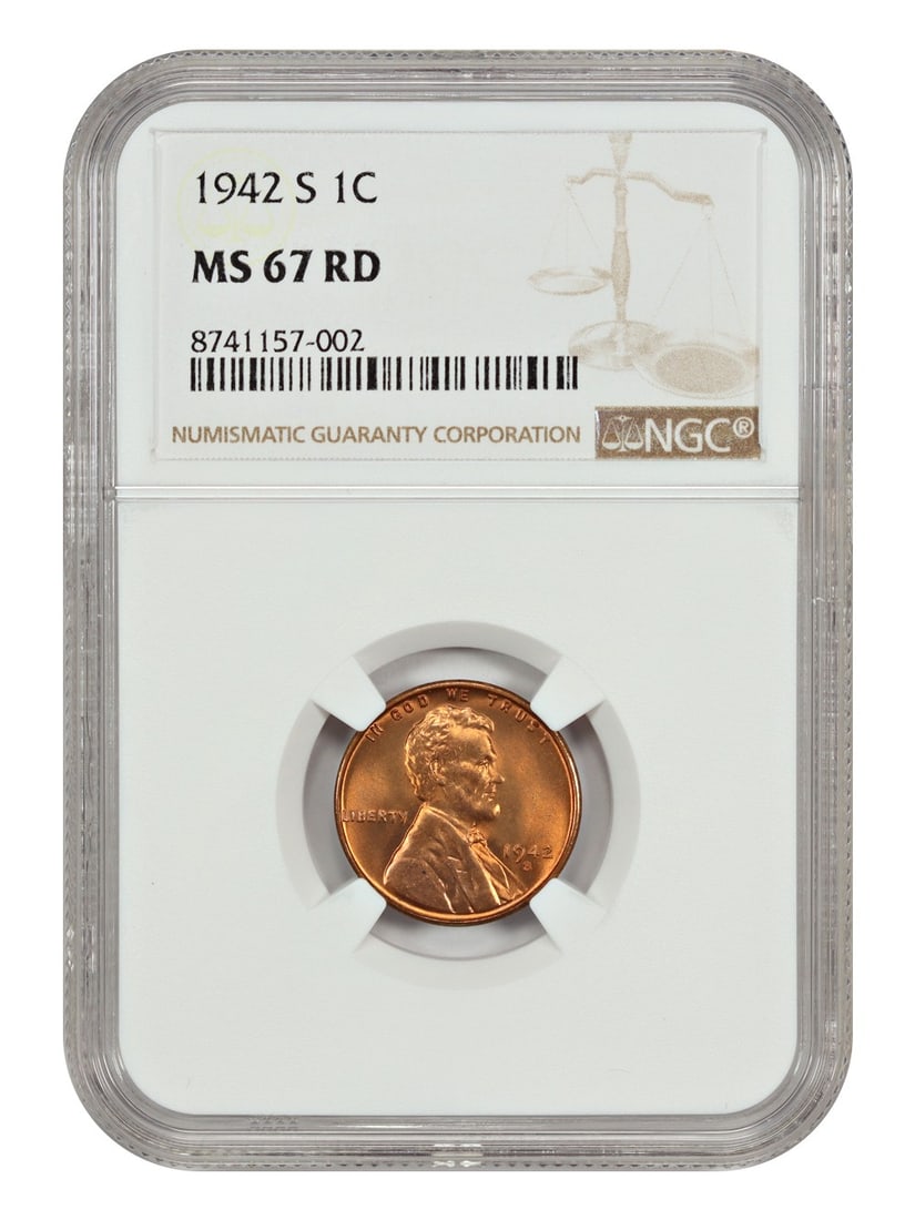 1942-S Lincoln Cent NGC MS67RD Wheat Reverse Uncirculated: 1942-S Lincoln Cent NGC MS67RD Wheat Reverse Uncirculated This 1942-S Lincoln Cent features a Wheat Reverse and is certified by NGC with a remarkable grade of MS67RD, indicating its uncirculated condi