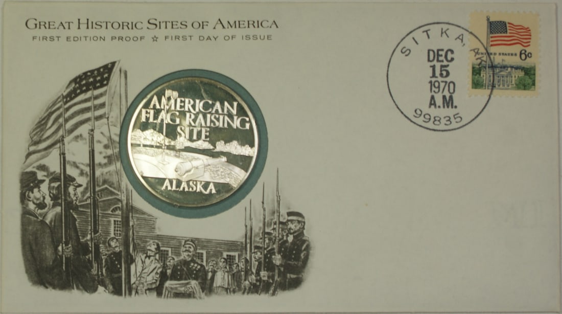 1970 Franklin Mint Sitka Alaska Historic Sites Silver Medal FDC: 1970 Franklin Mint Sitka Alaska Historic Sites Silver Medal FDC This 1970 Sitka Alaska Great Historic Sites Medal is a stunning proof silver collectible from the Franklin Mint. Crafted from .925 fine
