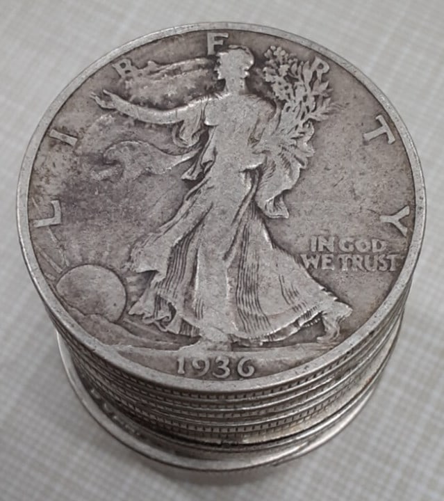 1936-S Walking Liberty Half Dollar Roll 20 Circulated 90% Silver Coins: 1936-S Walking Liberty Half Dollar Roll 20 Circulated 90% Silver Coins This roll contains 20 circulated 1936-S Walking Liberty Half Dollars, each made of 90% silver. These iconic coins feature the bel