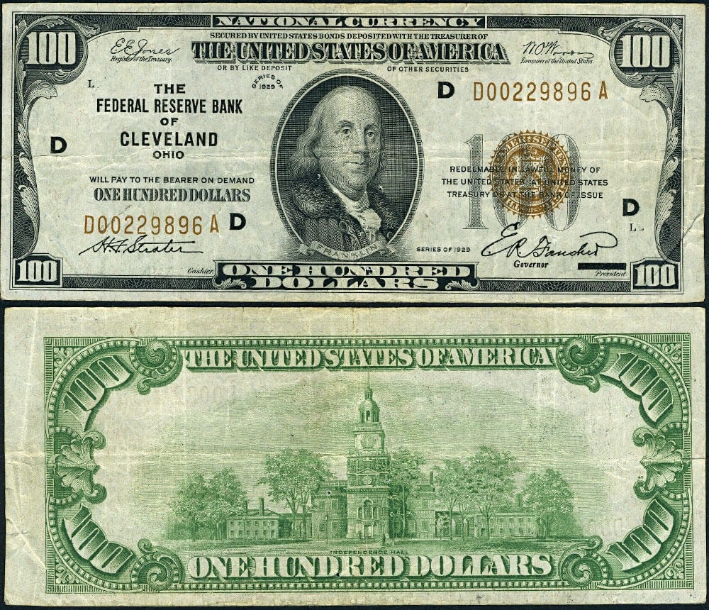 1929 $100 Federal Reserve Note Cleveland D-A Block VF: 1929 $100 Federal Reserve Note Cleveland D-A Block VF This 1929 $100 Federal Reserve Bank Note from Cleveland, designated as FR. 1890 D, showcases a captivating brown seal and is a fine example of mid