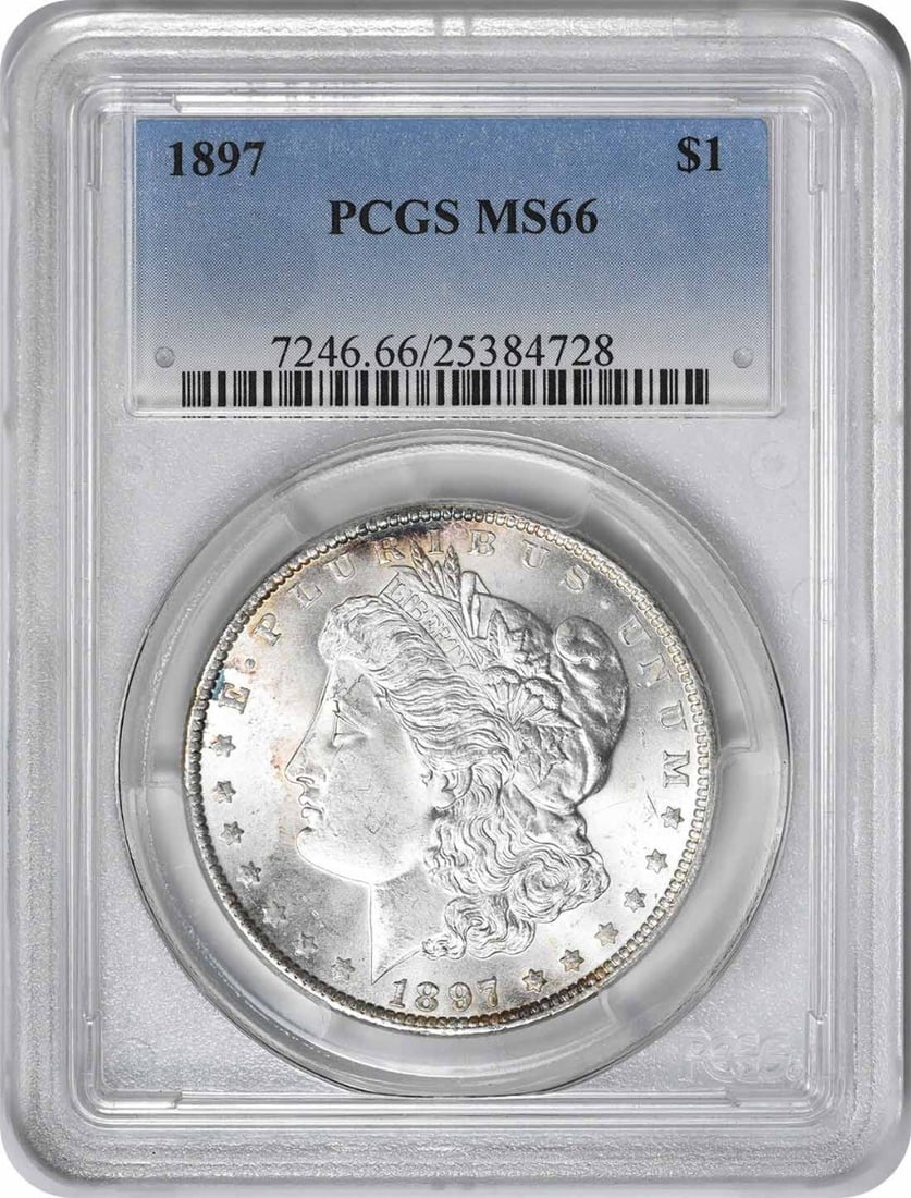 1897 Morgan Silver Dollar MS66 PCGS Uncirculated Coin by George T. Morgan: 1897 Morgan Silver Dollar MS66 PCGS Uncirculated Coin by George T. Morgan This stunning 1897 Morgan Silver Dollar features a remarkable MS66 grade, certified by PCGS. Struck in Philadelphia, this coin