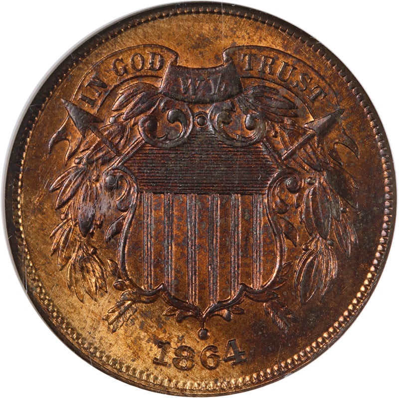 1864 Two Cent Piece Large Motto NGC MS65 RB Uncirculated Copper Coin (1 of 4)