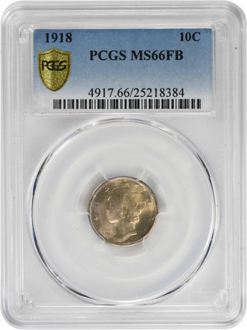 1918 Mercury Dime MS66FB PCGS 90% Silver Coin: 1918 Mercury Dime MS66FB PCGS 90% Silver Coin This 1918 Mercury Silver Dime, graded MS66FB by PCGS, is a stunning example of numismatic excellence. This uncirculated coin features the intricate design