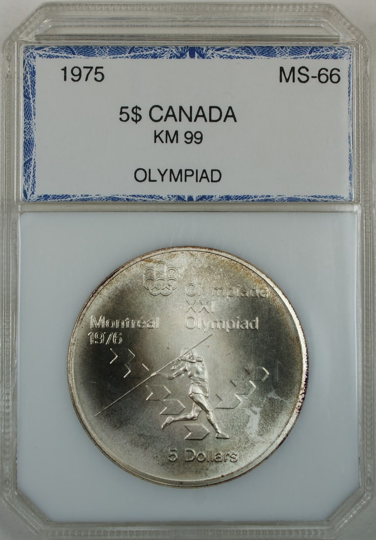1975 Canada $5 Silver Olympic Coin KM 99 Uncirculated: 1975 Canada $5 Silver Olympic Coin KM 99 Uncirculated This 1975 Canada Silver $5 Dollar Olympic Coin commemorates the XXI Olympiad. It features a stunning uncirculated finish and is made of .925 fine