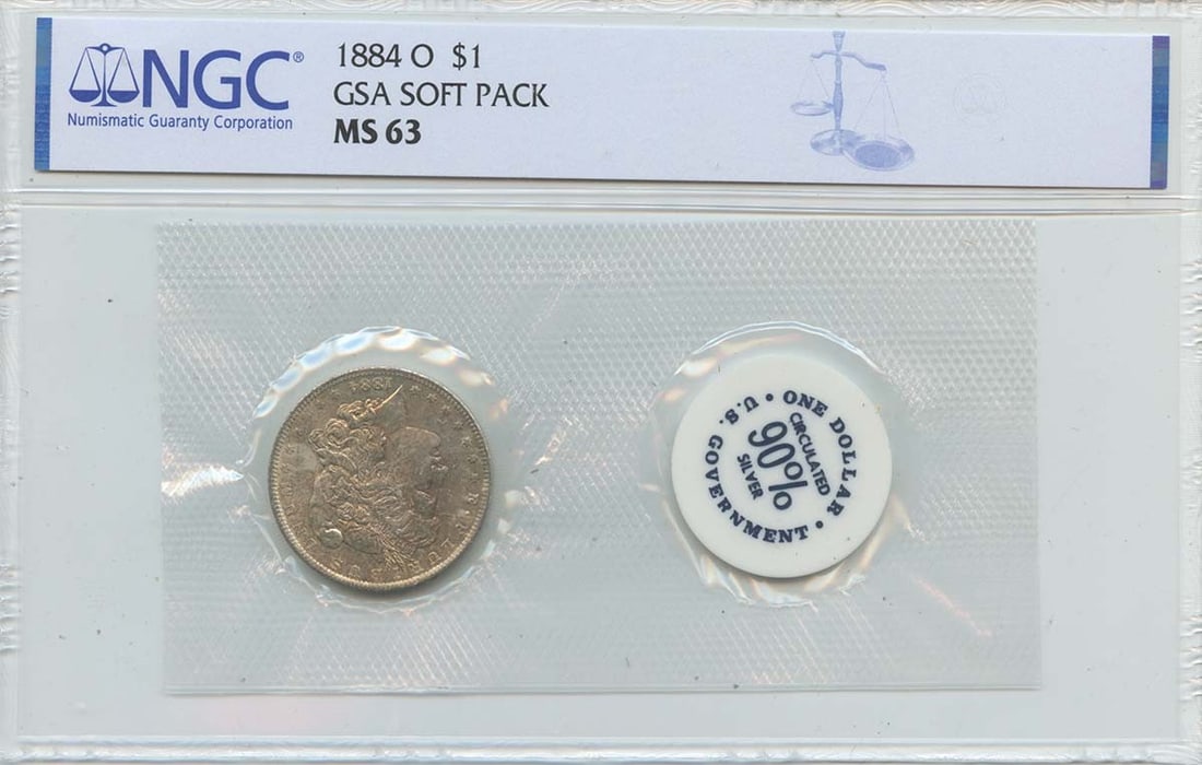 1884-O Morgan Dollar NGC MS63 GSA Soft Pack Uncirculated: 1884-O Morgan Dollar NGC MS63 GSA Soft Pack Uncirculated This 1884-O Morgan Dollar is graded MS63 by NGC, showcasing its uncirculated condition. Minted in Philadelphia, this coin represents a signific