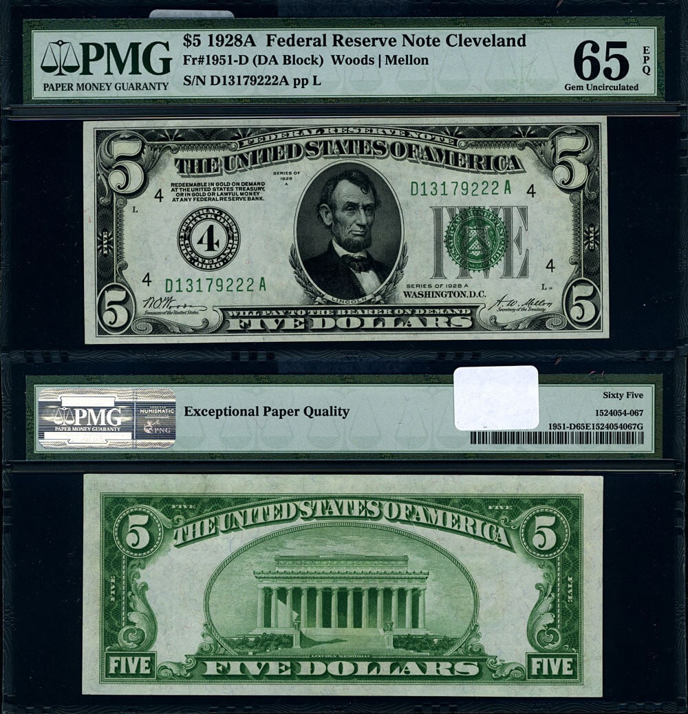 1928-A $5 Federal Reserve Note Cleveland D-A Block PMG Gem CU65 EPQ (1 of 3)