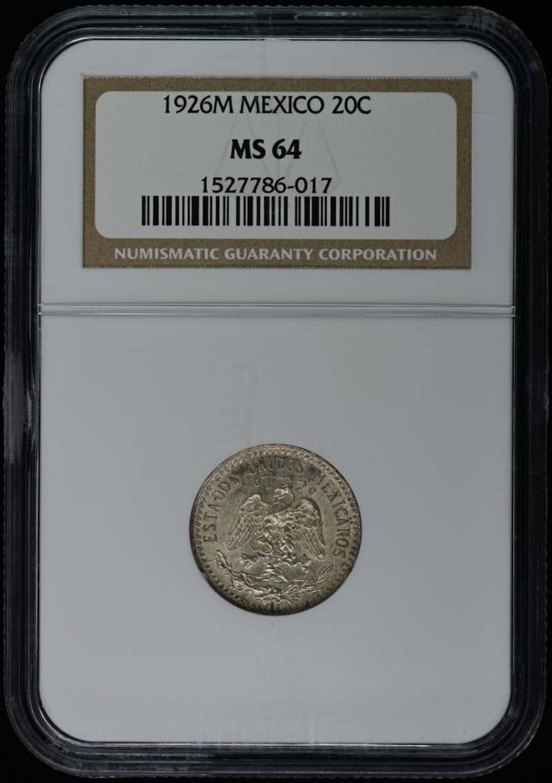 1926 Mexico 20C Coin NGC MS64 Certified Uncirculated: 1926 Mexico 20C Coin NGC MS64 Certified Uncirculated This 1926 Mexico 20 Centavos coin is graded MS64 by NGC, indicating it is in uncirculated condition with minimal signs of wear. The coin is a remar