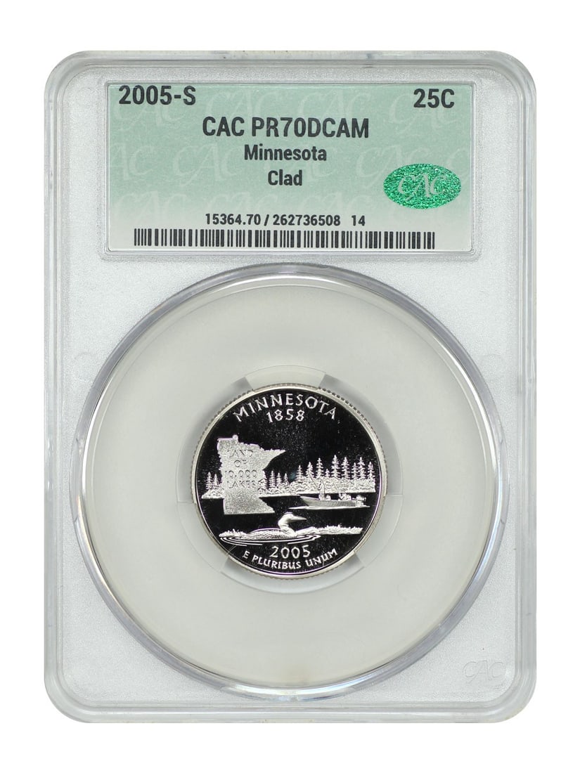 2005-S 25C Minnesota CACG PR70DCAM Washington State Quarter: 2005-S 25C Minnesota CACG PR70DCAM Washington State Quarter This 2005-S 25C Minnesota quarter has been certified by CACG with a perfect grade of PR70DCAM. It features the Washington 50 States Quarters
