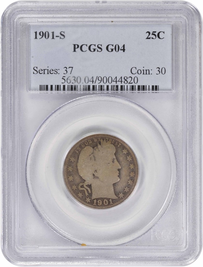 1901-S Barber Silver Quarter G04 Certified PCGS: 1901-S Barber Silver Quarter G04 Certified PCGS This 1901-S Barber Silver Quarter is a remarkable piece of American coinage, struck in silver and certified by PCGS. It features the iconic Barber desig