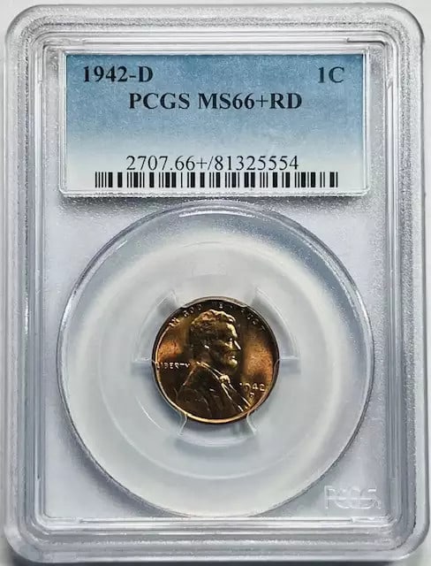 1942 D Lincoln Wheat Penny PCGS MS 66+ RD Uncirculated: 1942 D Lincoln Wheat Penny PCGS MS 66+ RD Uncirculated This 1942 D Small Cents Lincoln Wheat Penny has been certified by PCGS with a remarkable grade of MS 66+, indicating its uncirculated condition a