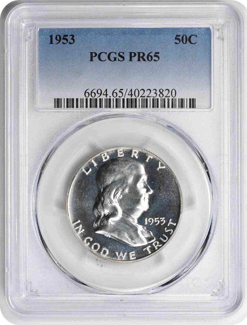 1953 Franklin Half Dollar PR65 PCGS Proof 90% Silver Coin: 1953 Franklin Half Dollar PR65 PCGS Proof 90% Silver Coin Offer a piece of American history with this 1953 Franklin Silver Half Dollar, graded PR65 by PCGS. This uncirculated proof coin, struck at the