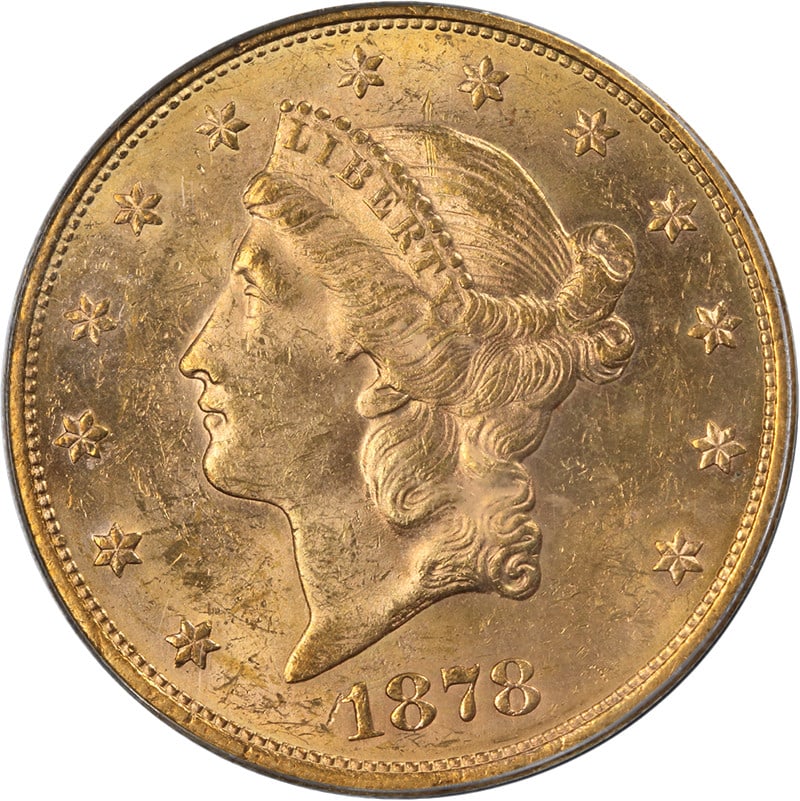 1878-S Liberty Gold $20 PCGS MS62 Strong Strike Uncirculated Coin: 1878-S Liberty Gold $20 PCGS MS62 Strong Strike Uncirculated Coin This striking 1878-S Liberty Gold $20 coin is certified by PCGS with a grade of MS62, indicating its uncirculated condition. It featur