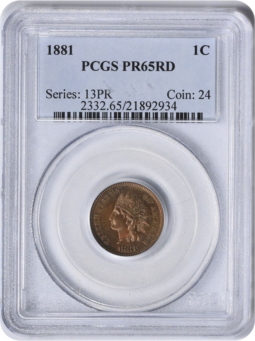 1881 Indian Head Cent PR65RD Copper Proof PCGS Certified: 1881 Indian Head Cent PR65RD Copper Proof PCGS Certified This 1881 Indian Cent is graded PR65RD by PCGS, indicating an uncirculated proof coin in exceptional condition. The coin features the iconic In