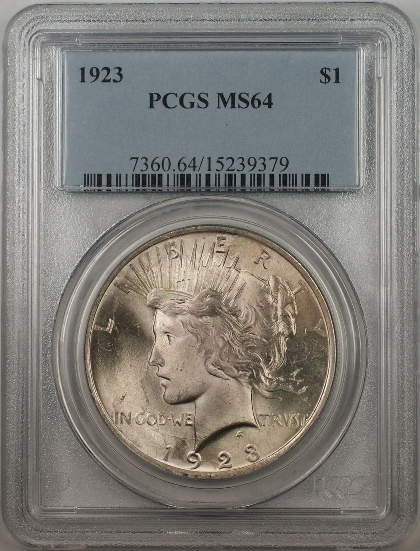 1923 Silver Peace Dollar Coin PCGS MS-64 Uncirculated: 1923 Silver Peace Dollar Coin PCGS MS-64 Uncirculated This 1923 Silver Peace Dollar is a remarkable piece, certified by PCGS with a grade of MS 64, indicating its uncirculated condition. Minted in Phi