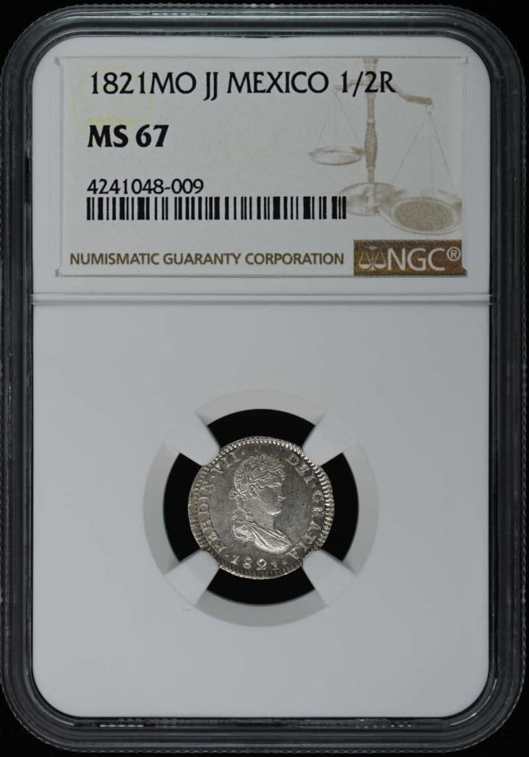 1821 Mexico 1/2 Real Coin NGC MS67 Uncirculated: 1821 Mexico 1/2 Real Coin NGC MS67 Uncirculated This 1821 Mexico 1/2 Real coin is certified by NGC and graded as MS67, indicating its uncirculated condition. The coin's exceptional quality makes it a