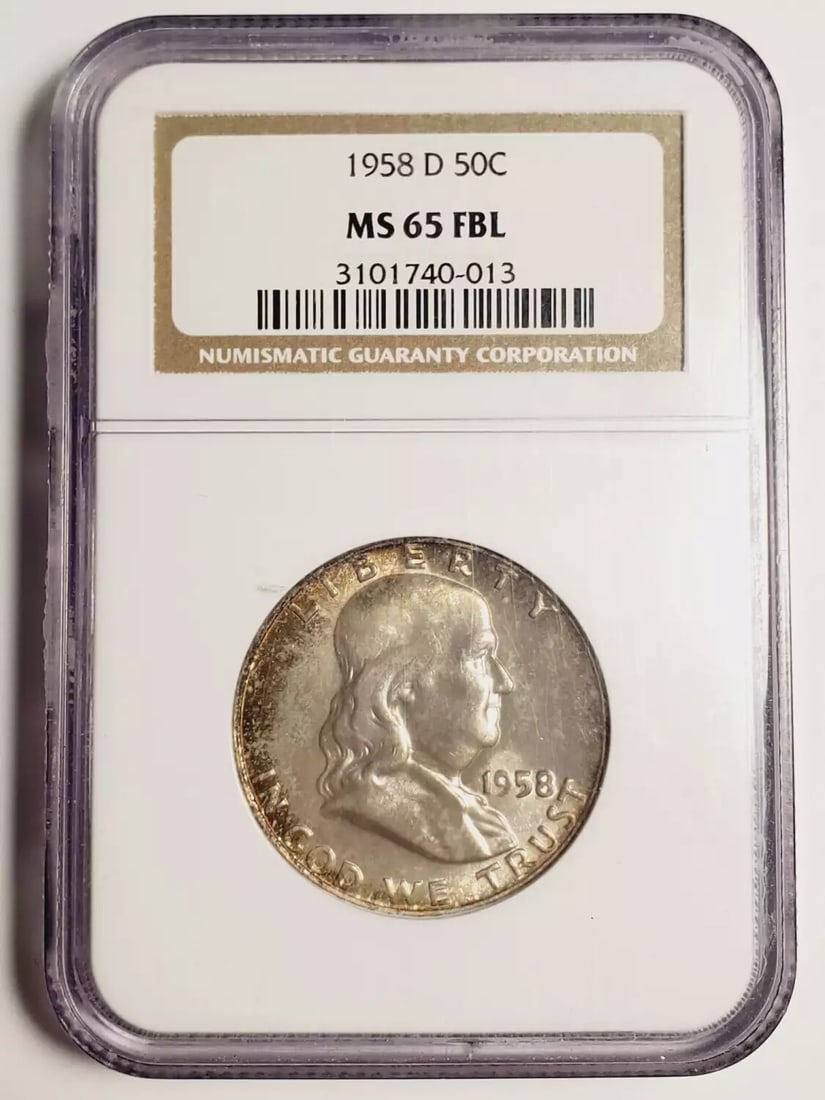 1958 D Franklin Half Dollar NGC MS-65 Uncirculated Silver Coin: 1958 D Franklin Half Dollar NGC MS-65 Uncirculated Silver Coin This 1958 D Franklin Half Dollar is a stunning example, certified by NGC with a grade of MS-65 and featuring Full Bell Lines (FBL). Struc