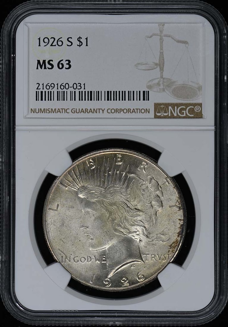 1926-S Peace Dollar NGC MS63 Uncirculated Coin: 1926-S Peace Dollar NGC MS63 Uncirculated Coin This 1926-S Peace Dollar features a stunning design and has been certified by NGC with a grade of MS63, indicating it is in uncirculated condition. Minte