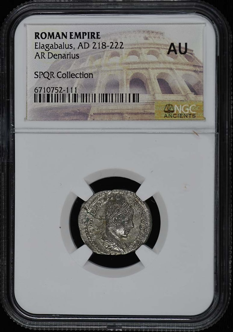 Elagabalus Roman Empire AR Denarius NGC AU50 Certified Coin: Elagabalus Roman Empire AR Denarius NGC AU50 Certified Coin This exquisite Roman Empire AR Denarius features the Emperor Elagabalus, minted between AD 218-222. It has been certified by NGC with a grad