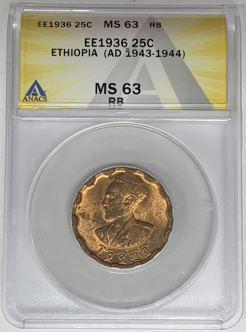 Ethiopia 1944 25 Cents Coin ANACS MS 63 RB: Ethiopia 1944 25 Cents Coin ANACS MS 63 RB This Ethiopia 25 Cents Coin, minted in 1944, features a rich red-brown (RB) color and is graded MS 63 by ANACS. The coin represents a piece of Ethiopian hist