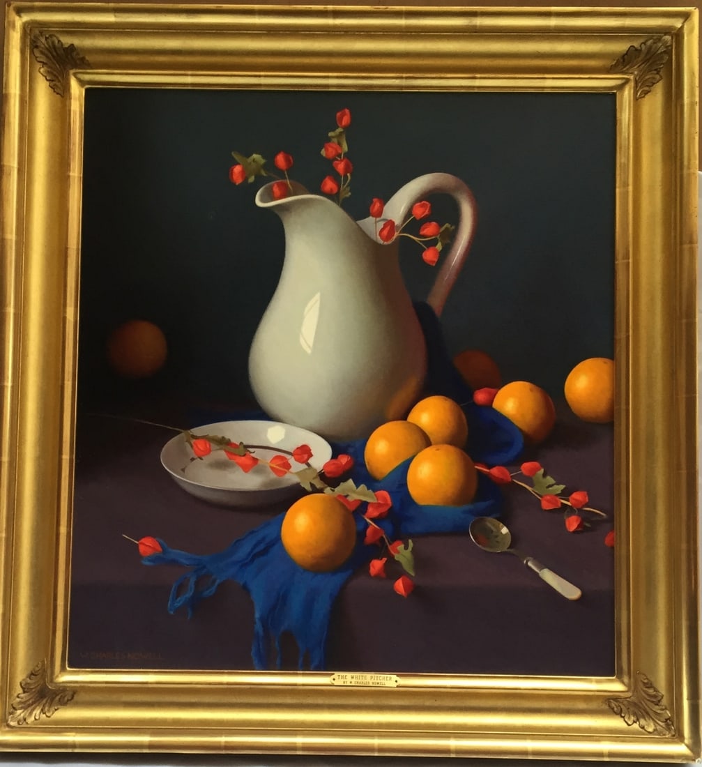 W. Charles Nowell Original Oil Painting The White Pitcher 22K Gold Leaf Frame: W. Charles Nowell Original Oil Painting The White Pitcher 22K Gold Leaf Frame This exquisite oil on canvas painting titled "The White Pitcher" is a remarkable piece by artist W. Charles Nowell, create