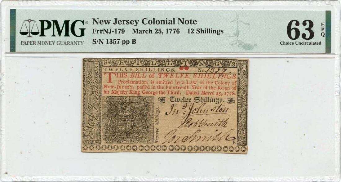 1776 New Jersey Colonial 12 Shillings Note PMG CU63 EPQ (1 of 2)