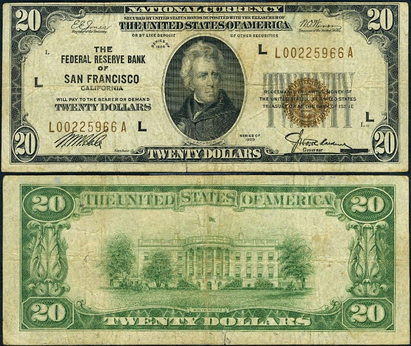 1929 $20 Federal Reserve Note San Francisco FR. 1870 L-A Block Fine+ (1 of 3)
