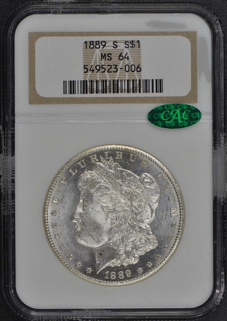 1889-S Morgan Dollar NGC MS64 CAC Uncirculated Coin: 1889-S Morgan Dollar NGC MS64 CAC Uncirculated Coin This 1889-S Morgan Dollar is certified by NGC with a grade of MS64, indicating it is in uncirculated condition. Minted in San Francisco, this coin i