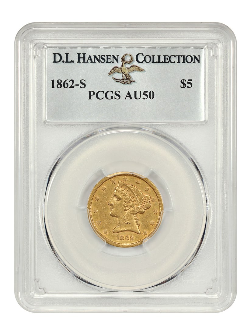 1862-S Liberty Head $5 Coin PCGS AU50 San Francisco Mint: 1862-S Liberty Head $5 Coin PCGS AU50 San Francisco Mint This 1862-S $5 Liberty Head coin, certified by PCGS with a grade of AU50, showcases a rich history and unique characteristics. Minted in San Fr