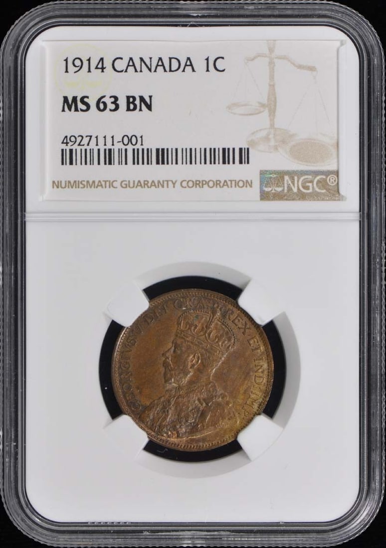1914 Canada 1C Coin Certified NGC MS63 Brown Patina: 1914 Canada 1C Coin Certified NGC MS63 Brown Patina This 1914 Canada 1 Cent coin is graded MS63BN by NGC, indicating it is in uncirculated condition with a brown color designation. It features a certi