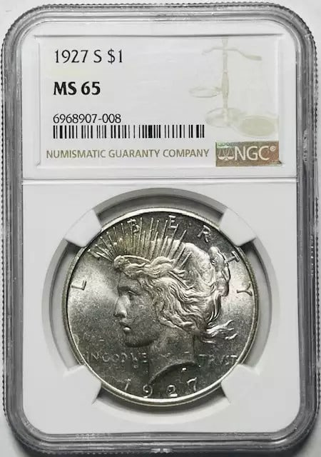 1927 S Peace Dollar NGC MS 65 Uncirculated Silver Coin: 1927 S Peace Dollar NGC MS 65 Uncirculated Silver Coin This 1927 S Peace Dollar is a remarkable find, certified by NGC with a grade of MS-65, indicating its uncirculated condition. Struck at the San F