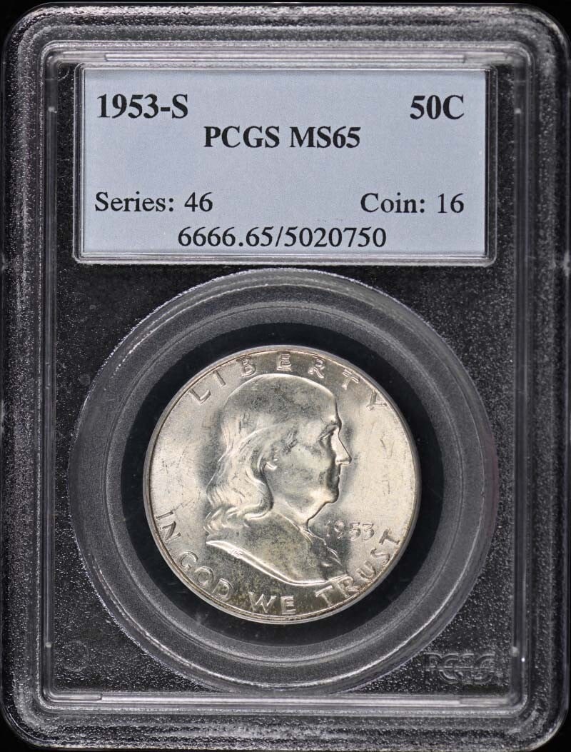 1953-S Franklin Half Dollar PCGS MS65 Uncirculated Coin: 1953-S Franklin Half Dollar PCGS MS65 Uncirculated Coin This 1953-S Franklin Half Dollar is a remarkable piece, certified by PCGS with a high grade of MS65, indicating it is in uncirculated condition.