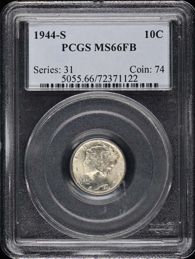 1944-S Mercury Dime PCGS MS66FB Uncirculated San Francisco: 1944-S Mercury Dime PCGS MS66FB Uncirculated San Francisco This 1944-S Mercury Dime is certified by PCGS with a grade of MS66FB, indicating it is in uncirculated condition. Minted in San Francisco, th