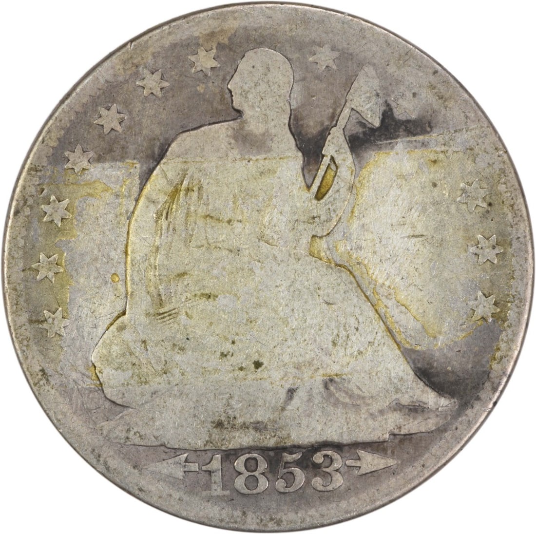 1853 Liberty Seated Half Dollar 50C Arrows Rays Uncertified: 1853 Liberty Seated Half Dollar 50C Arrows Rays Uncertified This 1853 Liberty Seated Half Dollar features the classic design by Thomas Sully and Christian Gobrecht, representing a significant piece of