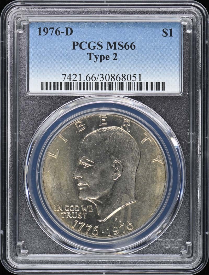 1976-D Type 2 Ike Dollar PCGS MS66 Bicentennial Reverse: 1976-D Type 2 Ike Dollar PCGS MS66 Bicentennial Reverse This 1976-D $1 Type 2 Ike Dollar features a Type 3 clad Bicentennial reverse and is graded MS66 by PCGS, ensuring its premium quality. The coin